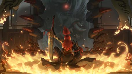 Brave warrior woman against a monster wallpaper