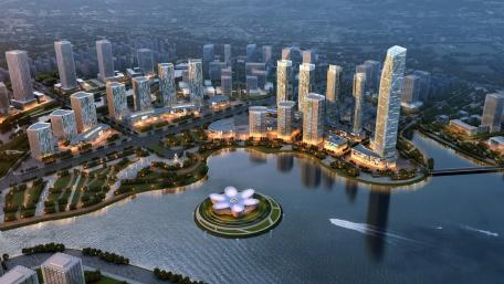 Futuristic Metropolis Aerial View At Dusk wallpaper