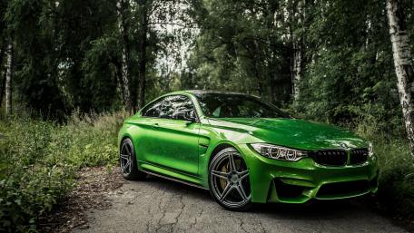 Green BMW in Serene Forest Setting wallpaper