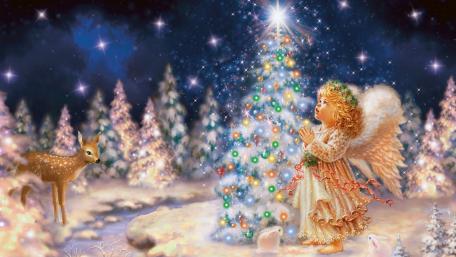 Magical Christmas Eve with Angel and Deer wallpaper