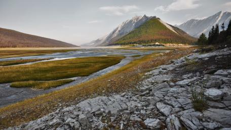 Majestic River Valley and Mountain Landscape wallpaper