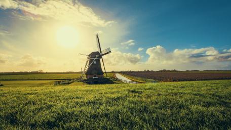 Golden Hour at the Windmill in the Open Field wallpaper