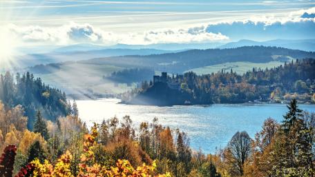 Mystical Autumn Dawn Over Serene Lake Landscape wallpaper