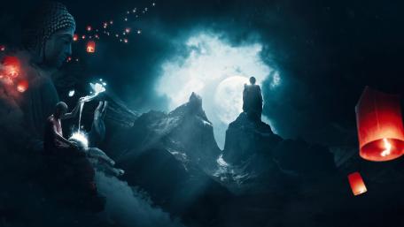 Mystical Buddha and Moonlit Lanterns wallpaper