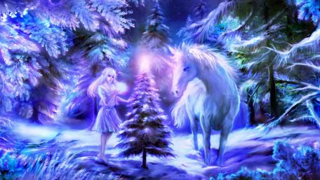 Enchanted Winter Wonderland with Unicorn and Maiden wallpaper