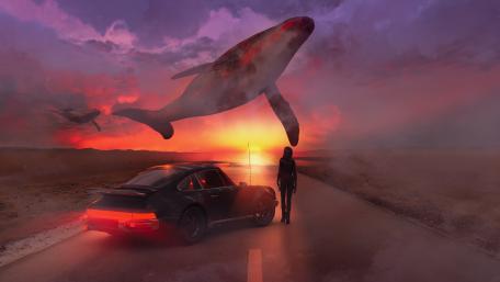 Whales in the Sunset Dreamscape wallpaper
