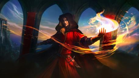 Enchanting Wizard Casting Magic Flames in a Fantasy World wallpaper