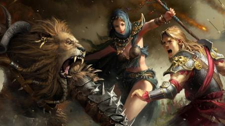 Epic Fantasy Battle Between Warrior and Beast wallpaper