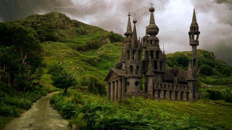Mystical Castle Amidst Stormy Skies wallpaper