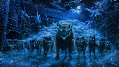 Moonlit Wolf Pack in Fantasy Realm wallpaper