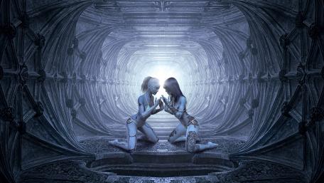 Cyborg Companions in a Sci-fi Realm wallpaper