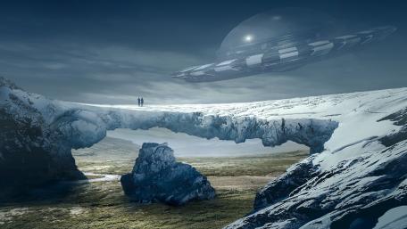 Mysterious Encounter in a Futuristic Landscape wallpaper