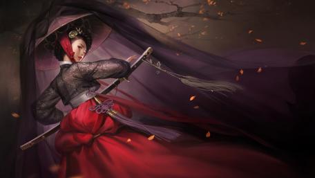 Elegant Warrior Geisha in Enchanted Forest wallpaper