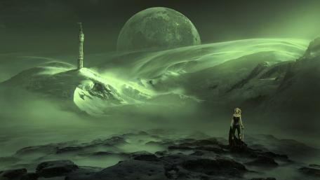 Mystical Tower Beneath the Green Moonlight wallpaper