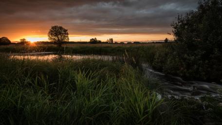 Serene Sunset Over a Lush Field and Brook wallpaper
