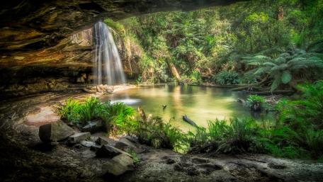Serene Waterfall Surrounded by Lush Greenery wallpaper