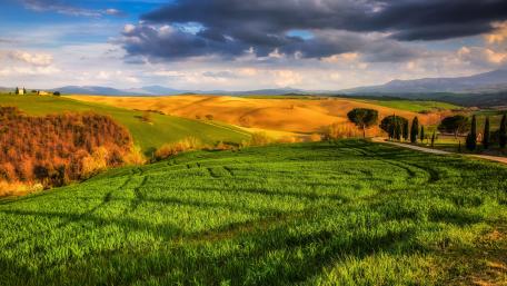 Serene Rural Landscape Amidst Rolling Hills and Fields wallpaper
