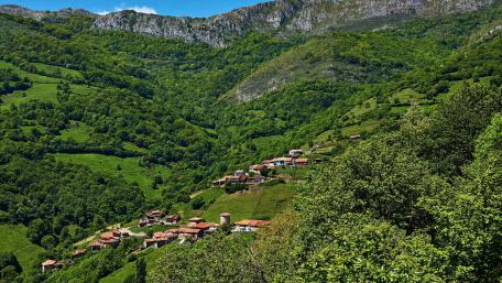 Serene Mountain Village Amidst Lush Greenery wallpaper