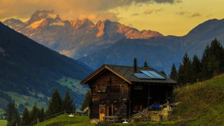 Mountain Cottage Serenity in Nature wallpaper