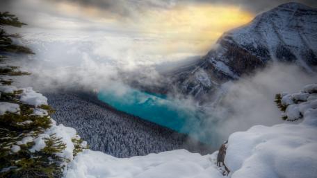 Snowy Mountain Panorama with Turquoise Lake View wallpaper