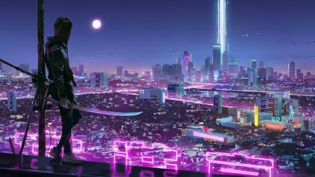 Neon Vigilante in Futuristic Metropolis wallpaper