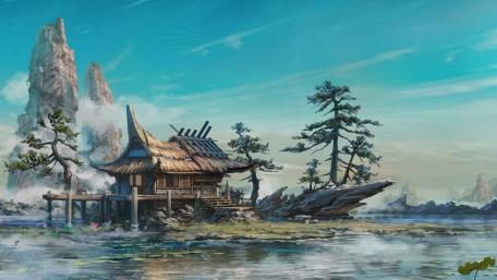 Serene Fantasy Lakeside Dwelling wallpaper