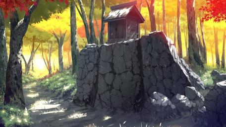 Brown wooden house on top of rock wallpaper