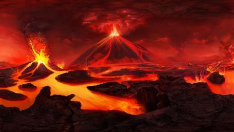 Lava-Filled Volcanic Fantasy Landscape wallpaper