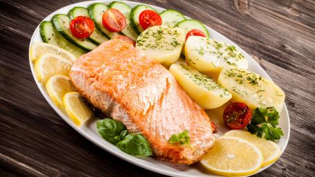 Delicious Salmon with Fresh Vegetables and Potatoes wallpaper