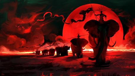 Crimson Moonlight Elephant Procession wallpaper