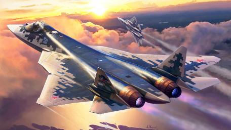 Sukhoi Su-57 Fighters Soar at Dusk wallpaper