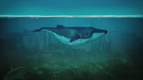 Majestic Whale in a Sunken City Underwater World wallpaper