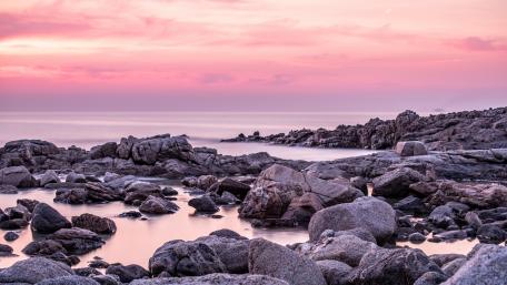 Pink Horizon Bliss Over Rocky Seashore wallpaper