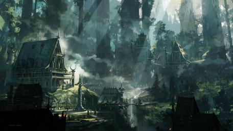 Village inside forest wallpaper