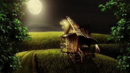 Enchanted Night Cottage Under the Moon wallpaper
