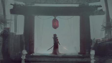 Mystic Samurai Under the Ancient Gate wallpaper