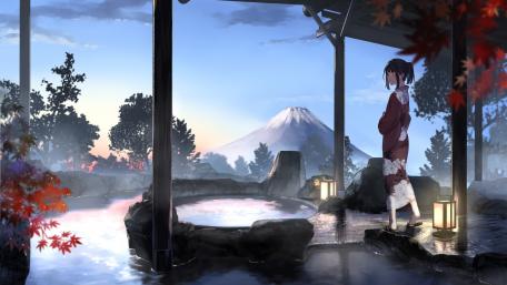 Tranquil Hot Spring Retreat Overlooking Mt. Fuji wallpaper