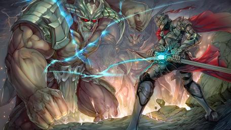 Epic Showdown of Knight versus Mythical Giant wallpaper