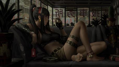 Smoking young anime girl wallpaper