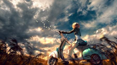 Golden Twilight Ride on a Scooter wallpaper