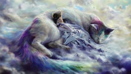 Ethereal Slumber with a Feline Guardian wallpaper