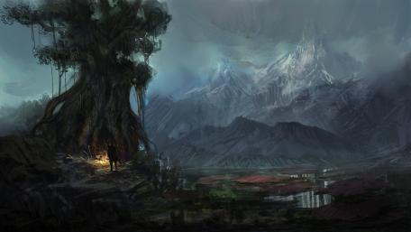 Enchanted Tree in Mystical Mountains wallpaper