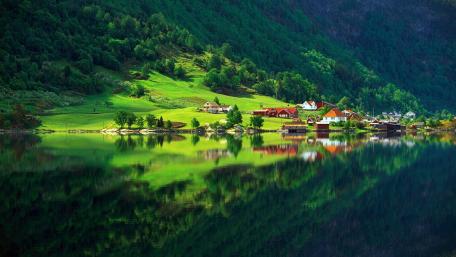Tranquil Village by the Pristine Lake wallpaper