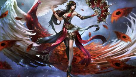 Mystical Maiden in Peacock Feather Storm wallpaper