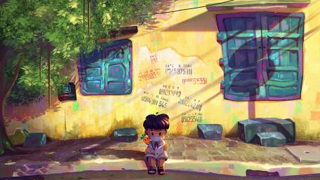 Masked Child in a Colorful Vietnamese Alley wallpaper