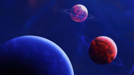 Cosmic Dance of Ringed Planets in Space Art wallpaper