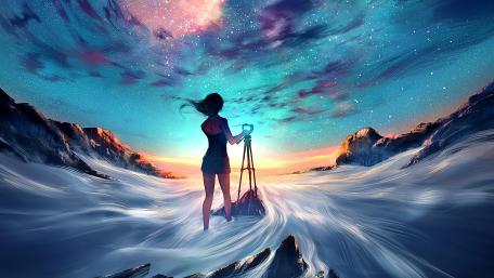 Anime girl taking a photo of the sky wallpaper