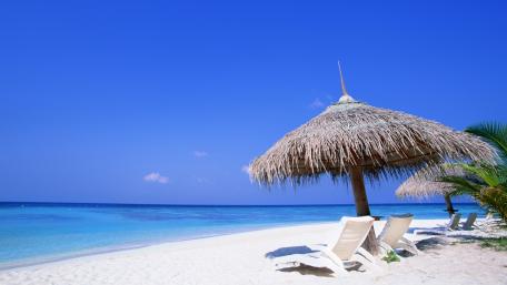 Tropical Paradise with Blue Skies and Sandy Shores wallpaper