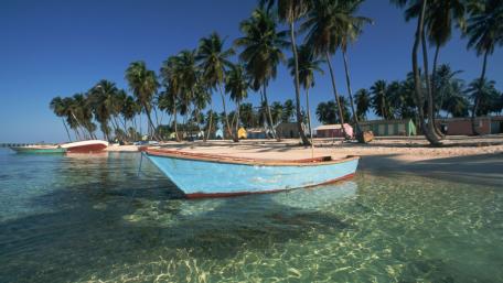 Tropical Beach with Boat and Palm Trees wallpaper