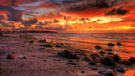 Fiery Horizon at Sunset Over the Beach wallpaper